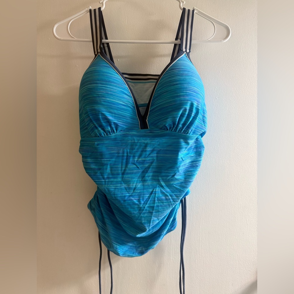 Free Country Teal and Navy Striped Tankini Top